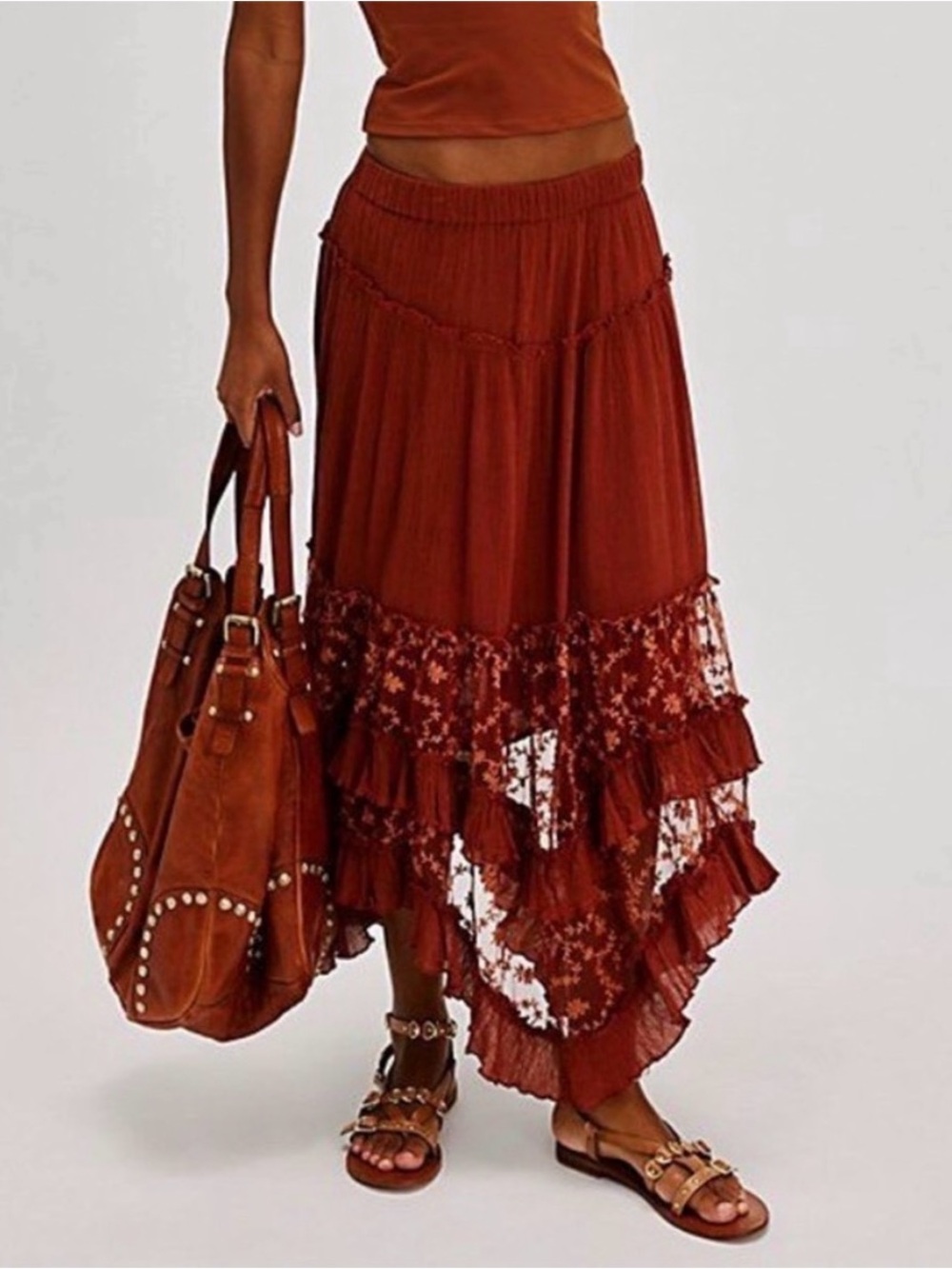 Free People Ashlyn Rust Asymmetrical Lace-Trim Maxi Skirt